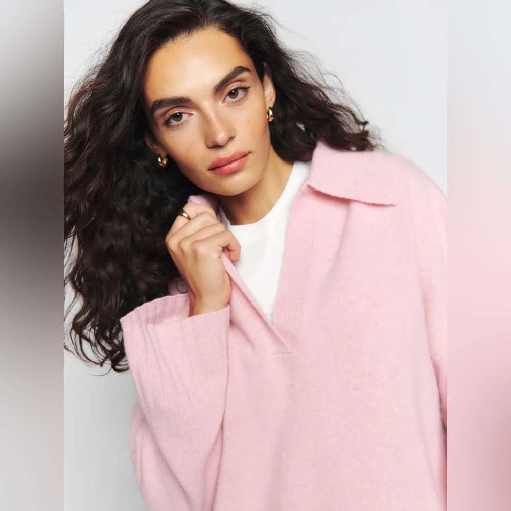 New! Reformation Otto Regenerative Wool Polo Sweater Soft Pink Sweater 🌸 XL - Picture 4 of 15